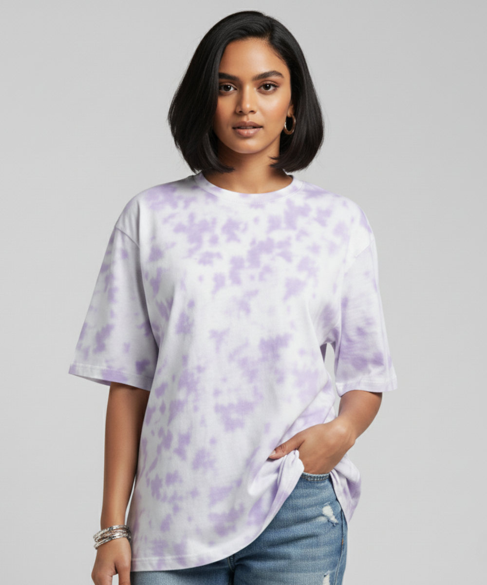 Women's Tie Dye Oversized T-Shirt - White & Lavender